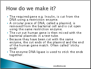 The required gene e.g. Insulin, is cut from the DNA using a restriction enzyme.