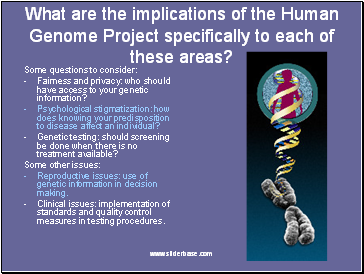 What are the implications of the Human Genome Project specifically to each of these areas?