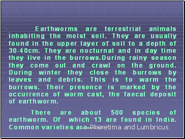 Earthworms are terrestrial animals inhabiting the moist soil. They are usually found in the upper layer of soil to a depth of 30-40cm. They are nocturnal and in day time they live in the burrows.During rainy season they come out and crawl on the ground. During winter they close the burrows by leaves and debris. This is to warm the burrows. Their presence is marked by the occurrence of worm cast, the faecal deposit of earthworm.