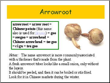 arrowroot = arrow root = Chinese potato (this name also is used for jicama) = goo = seegoo = arrowhead = Chinese arrowhead = tse goo = ci gu = tsu goo