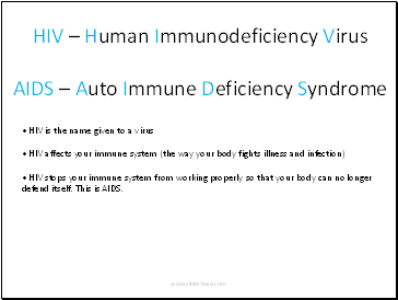 HIV – Human Immunodeficiency Virus AIDS – Auto Immune Deficiency Syndrome