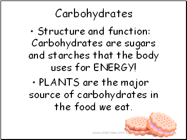 Structure and function: Carbohydrates are sugars and starches that the body uses for ENERGY!