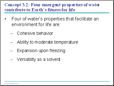 Concept 3.2: Four emergent properties of water contribute to Earths fitness for life