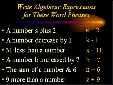 Write Algebraic Expressions for These Word Phrases