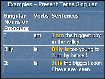 Examples  Present Tense Singular