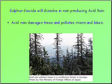 Sulphur dioxide will dissolve in rain producing Acid Rain